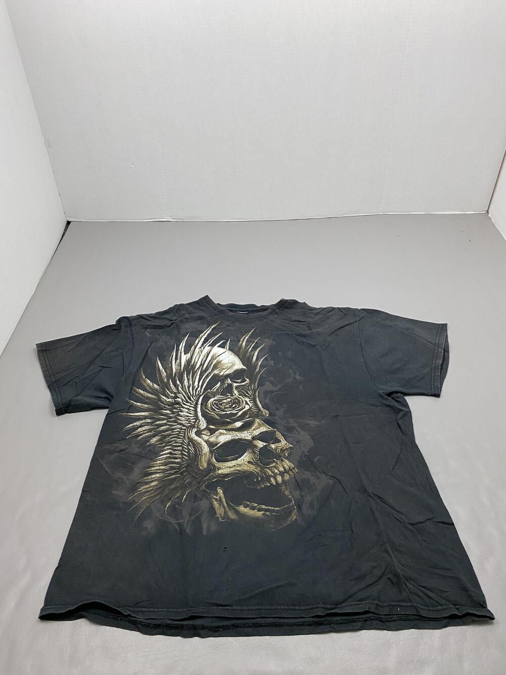 Skull Graphic Shirt Mens XL Black Gold Winged Stacked Skull Rose Print